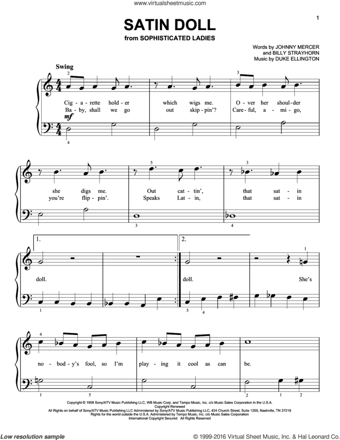 Satin Doll, (beginner) sheet music for piano solo by Duke Ellington, Billy Strayhorn and Johnny Mercer, beginner skill level