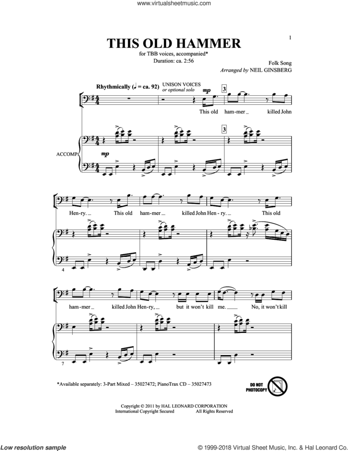 This Old Hammer sheet music for choir (TBB: tenor, bass) by Neil Ginsberg, intermediate skill level