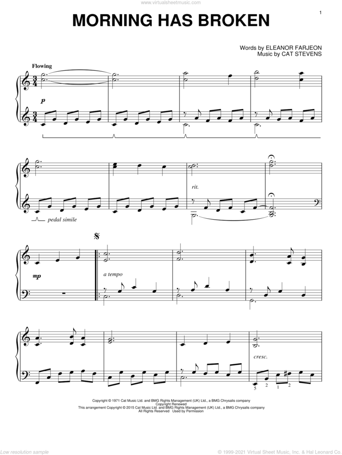 Morning Has Broken sheet music for piano solo by Cat Stevens and Eleanor Farjeon, intermediate skill level