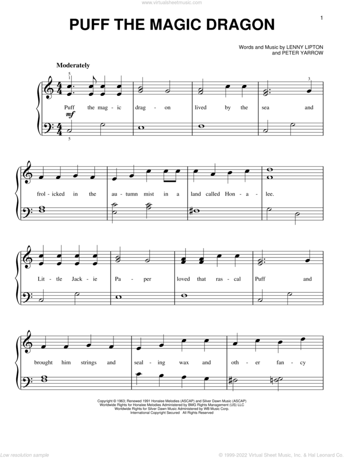 Puff The Magic Dragon, (beginner) sheet music for piano solo by Peter, Paul & Mary, Lenny Lipton and Peter Yarrow, beginner skill level