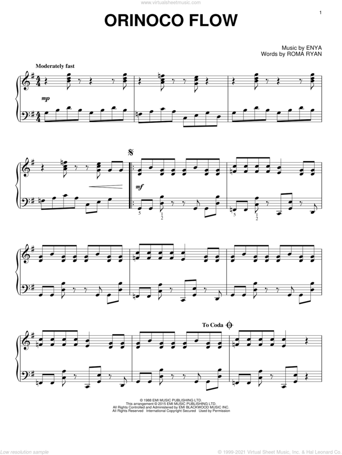 Orinoco Flow sheet music for piano solo by Enya and Roma Ryan, intermediate skill level