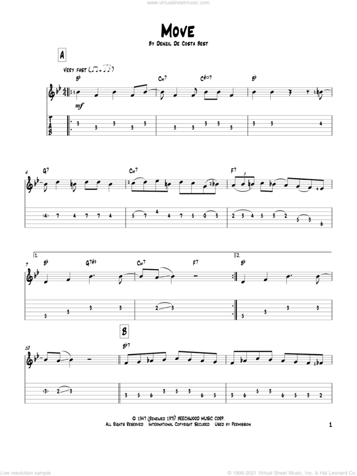 Move sheet music for guitar solo by Miles Davis and Denzil De Costa Best, intermediate skill level