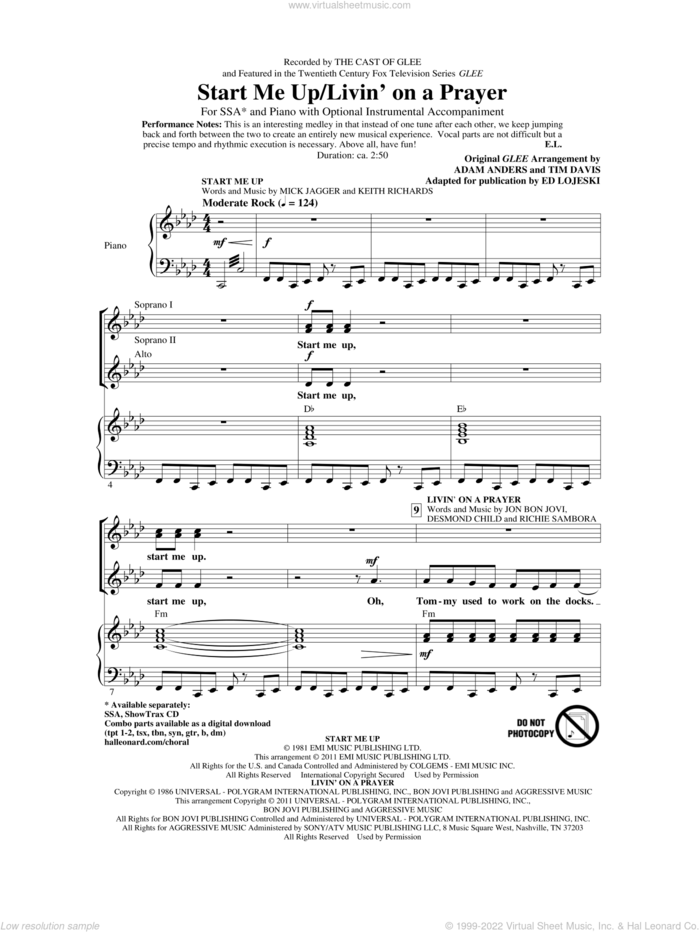 Start Me Up/Livin' On A Prayer sheet music for choir (SSA: soprano, alto) by The Rolling Stones, Bon Jovi, Ed Lojeski, Glee Cast, Keith Richards and Mick Jagger, intermediate skill level