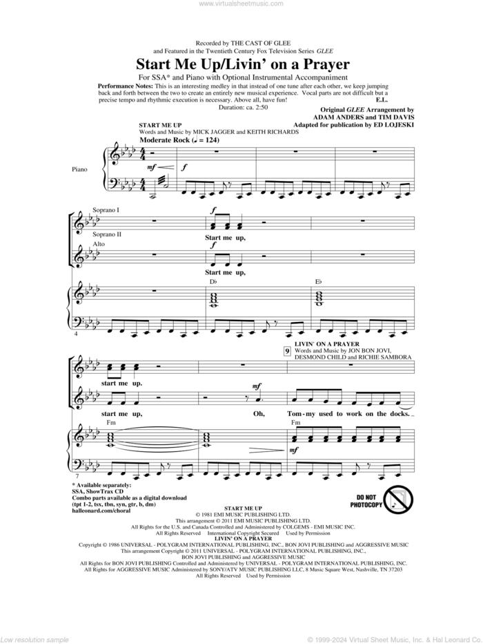 Start Me Up/Livin' On A Prayer sheet music for choir (SSA: soprano, alto) by The Rolling Stones, Bon Jovi, Ed Lojeski, Glee Cast, Keith Richards and Mick Jagger, intermediate skill level