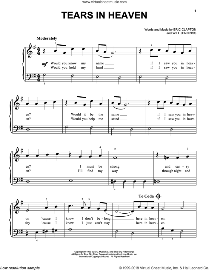 Tears In Heaven sheet music for piano solo by Eric Clapton and Miscellaneous, beginner skill level