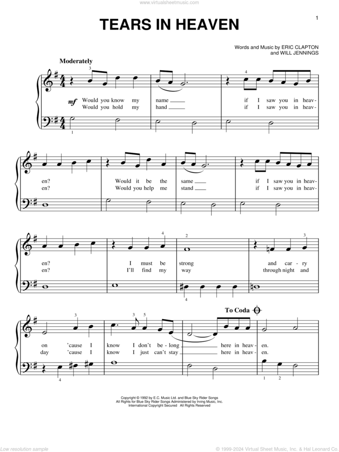 Tears In Heaven sheet music for piano solo by Eric Clapton and Miscellaneous, beginner skill level