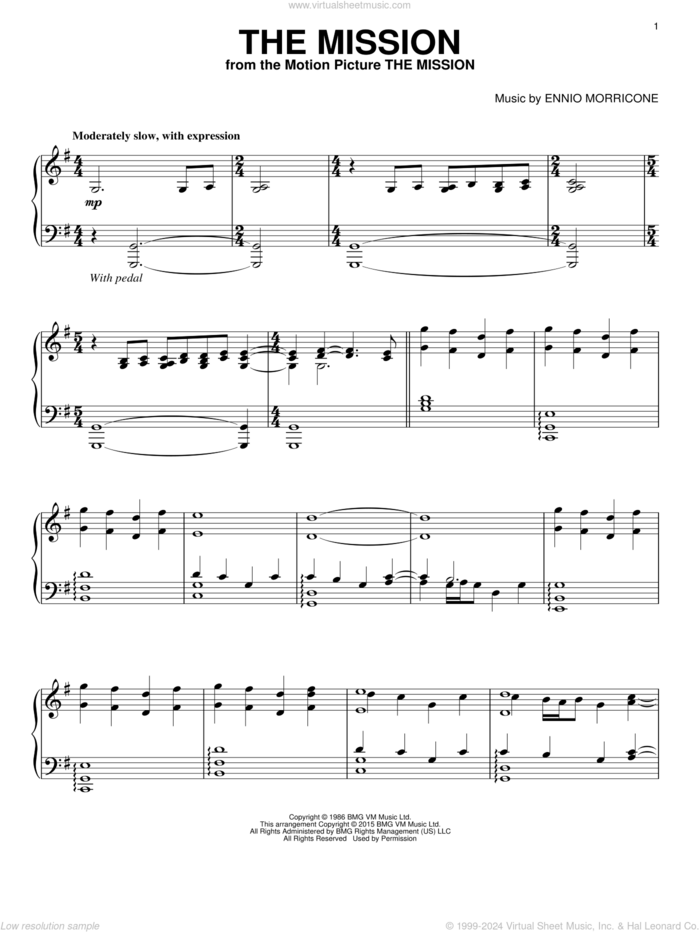 The Mission sheet music for piano solo by Ennio Morricone, intermediate skill level