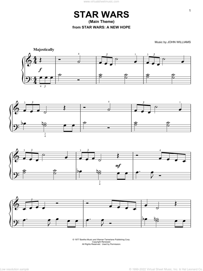 Star Wars (Main Theme), (beginner) sheet music for piano solo by John Williams, beginner skill level
