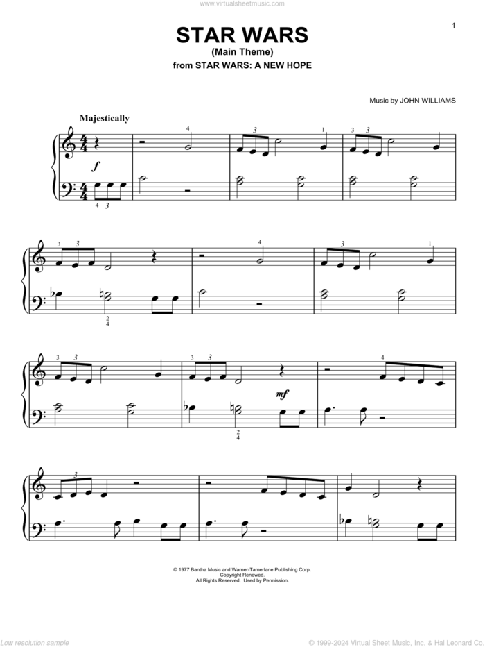 Star Wars (Main Theme) sheet music for piano solo by John Williams, beginner skill level