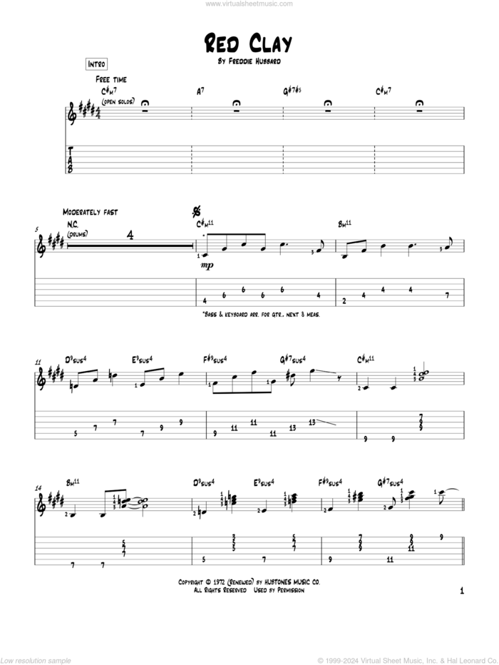 Red Clay sheet music for guitar solo by Freddie Hubbard, intermediate skill level