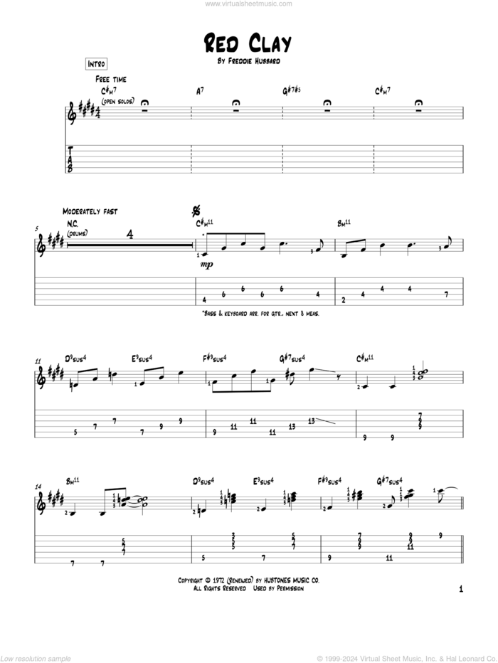 Red Clay sheet music for guitar solo by Freddie Hubbard, intermediate skill level