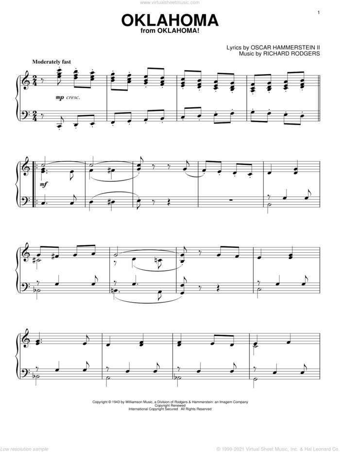 Oklahoma (from Oklahoma!), (intermediate) sheet music for piano solo by Rodgers & Hammerstein, Oscar II Hammerstein and Richard Rodgers, intermediate skill level