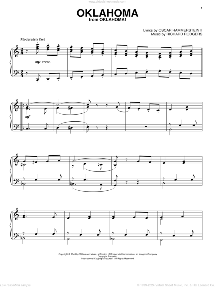 Oklahoma (from Oklahoma!), (intermediate) sheet music for piano solo by Rodgers & Hammerstein, Oscar II Hammerstein and Richard Rodgers, intermediate skill level