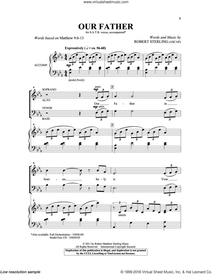 Our Father sheet music for choir (SATB: soprano, alto, tenor, bass) by Robert Sterling, classical score, intermediate skill level