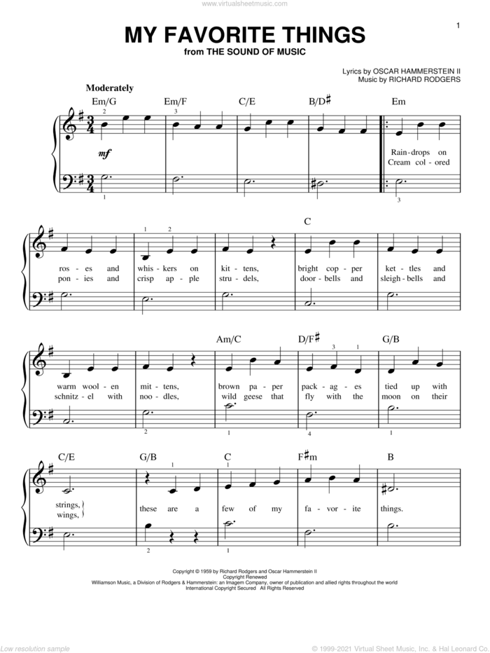 My Favorite Things (from The Sound of Music) sheet music for piano solo by Rodgers & Hammerstein, Oscar II Hammerstein and Richard Rodgers, beginner skill level