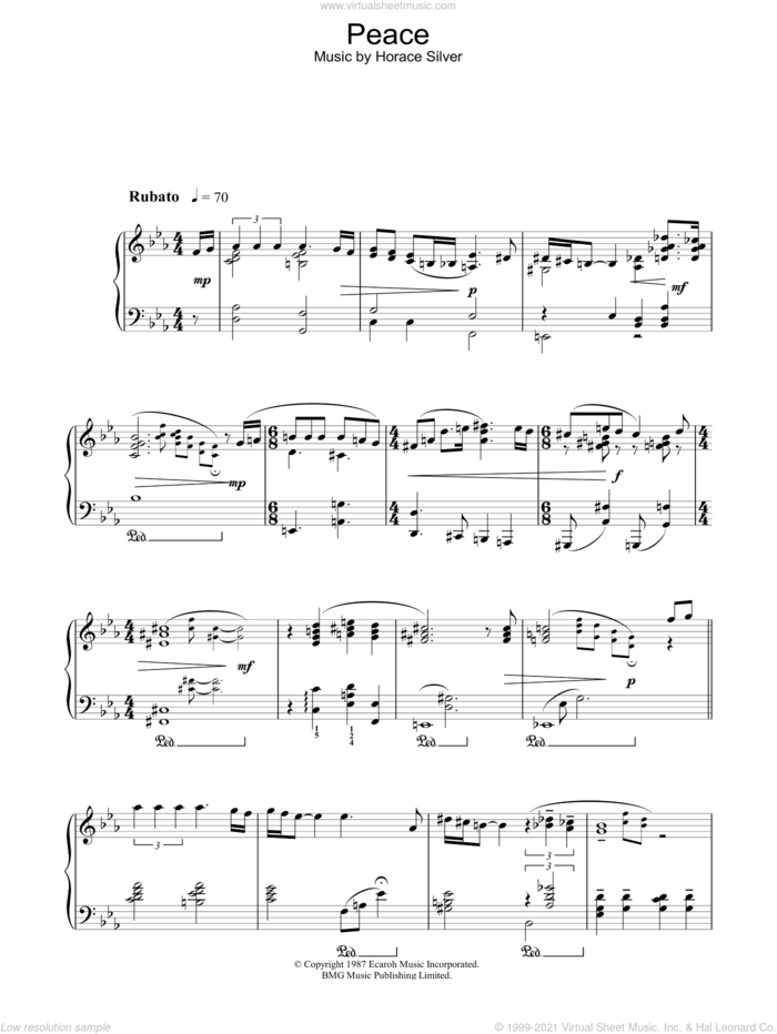 Peace sheet music for piano solo by Norah Jones and Horace Silver, intermediate skill level