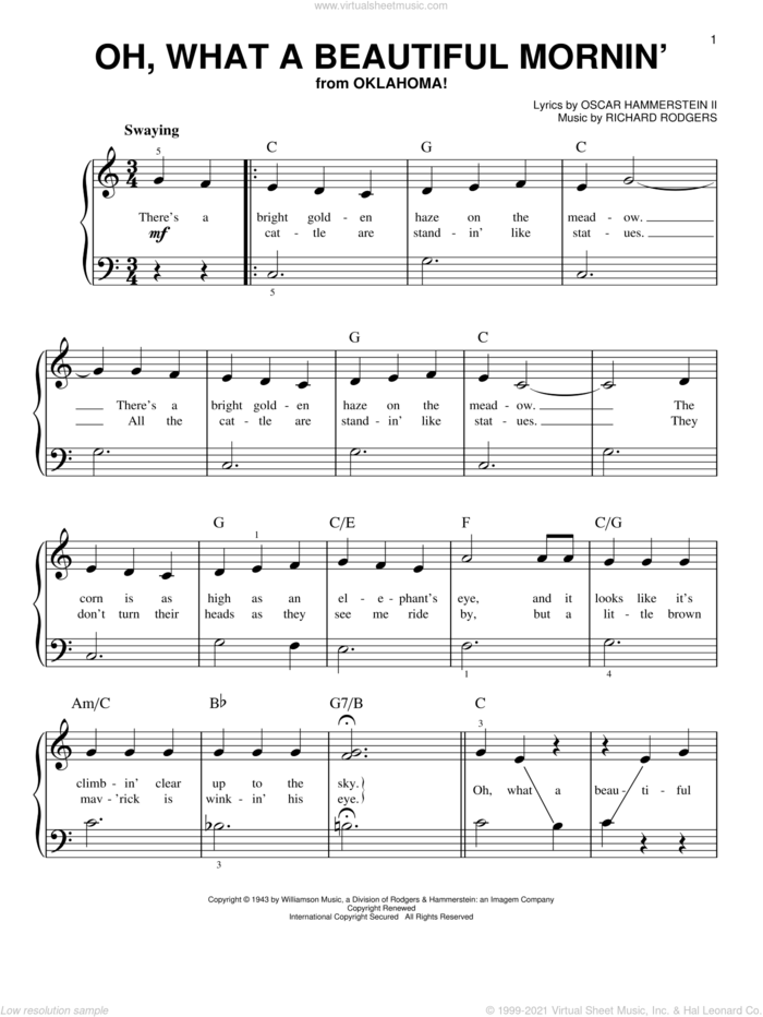 Oh, What A Beautiful Mornin' (from Oklahoma!) sheet music for piano solo by Rodgers & Hammerstein, Oscar II Hammerstein and Richard Rodgers, beginner skill level
