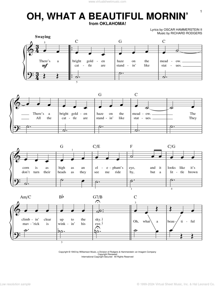 Oh, What A Beautiful Mornin' (from Oklahoma!) sheet music for piano solo by Rodgers & Hammerstein, Oscar II Hammerstein and Richard Rodgers, beginner skill level