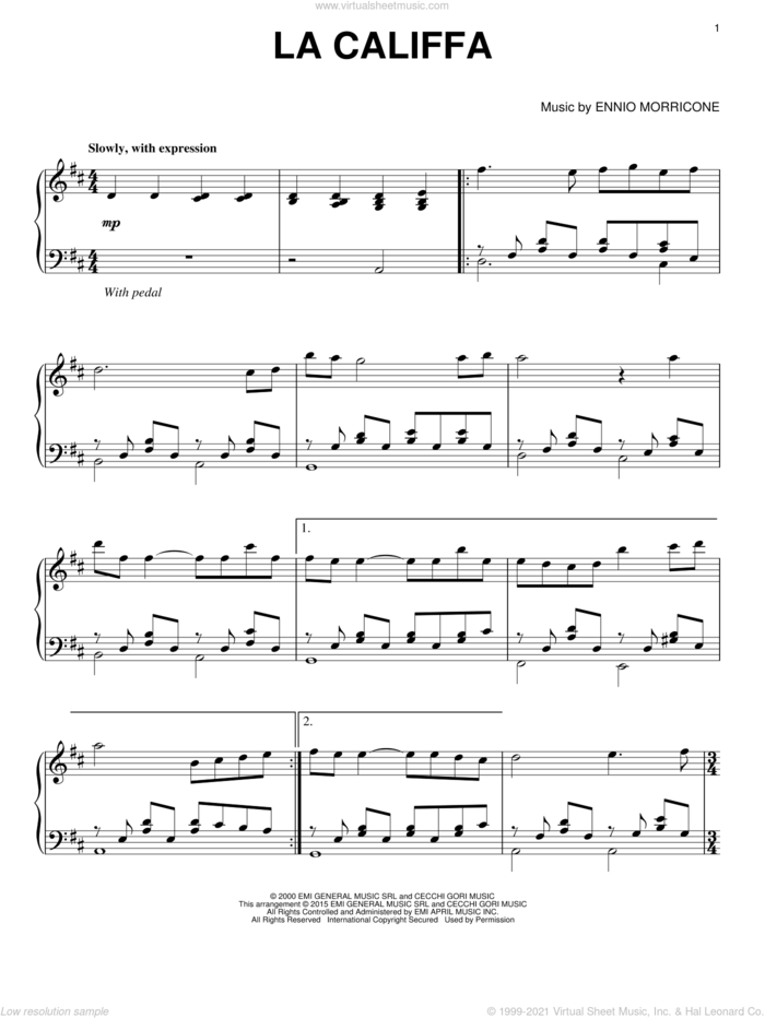 La Califfa sheet music for piano solo by Ennio Morricone, intermediate skill level