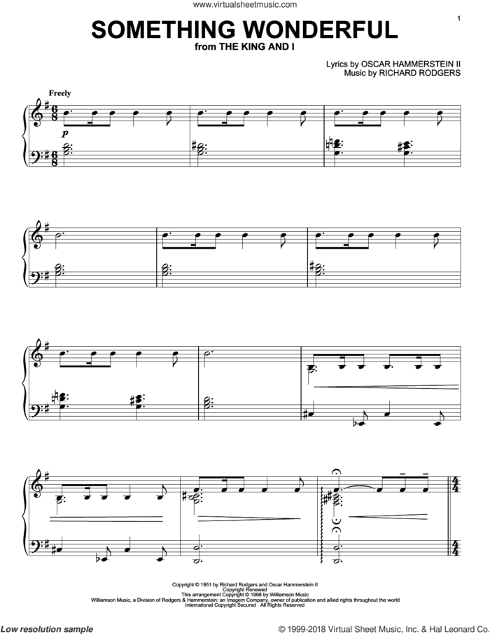 Something Wonderful, (intermediate) sheet music for piano solo by Rodgers & Hammerstein, Oscar II Hammerstein and Richard Rodgers, intermediate skill level
