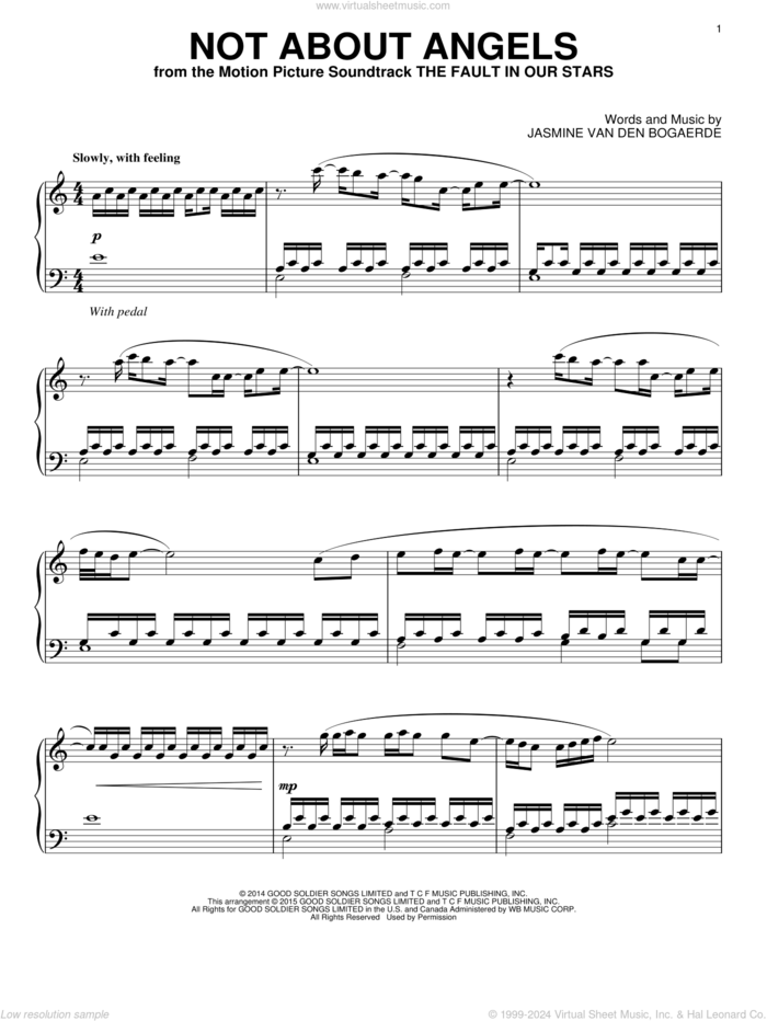 Not About Angels sheet music for piano solo by Birdy and Jasmine Van Den Bogaerde, intermediate skill level