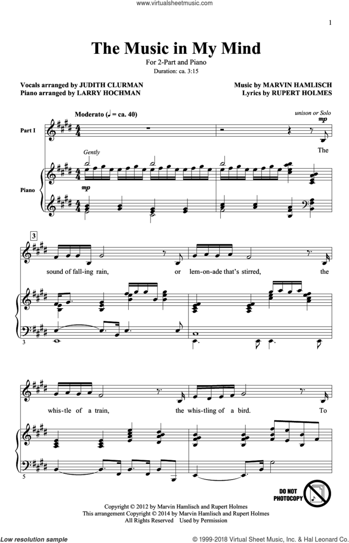 The Music In My Mind sheet music for choir (2-Part) by Marvin Hamlisch, L Hochman and Rupert Holmes, intermediate duet