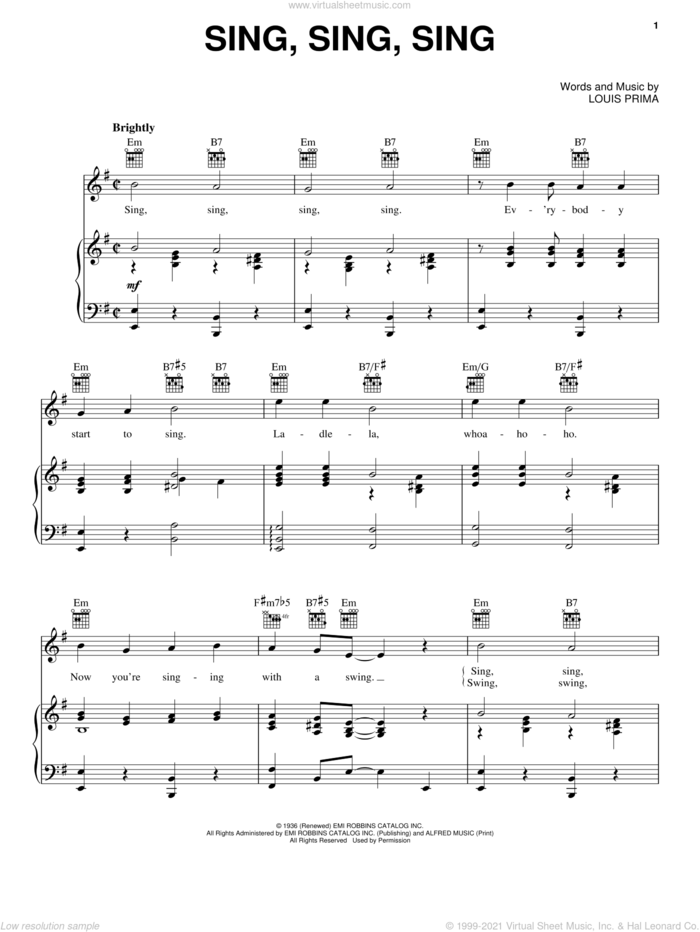 Sing, Sing, Sing sheet music for voice, piano or guitar by Benny Goodman and Louis Prima, intermediate skill level