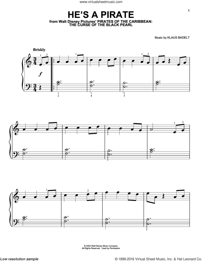 He's A Pirate (from Pirates Of The Caribbean: The Curse of the Black Pearl) sheet music for piano solo by Klaus Badelt, beginner skill level