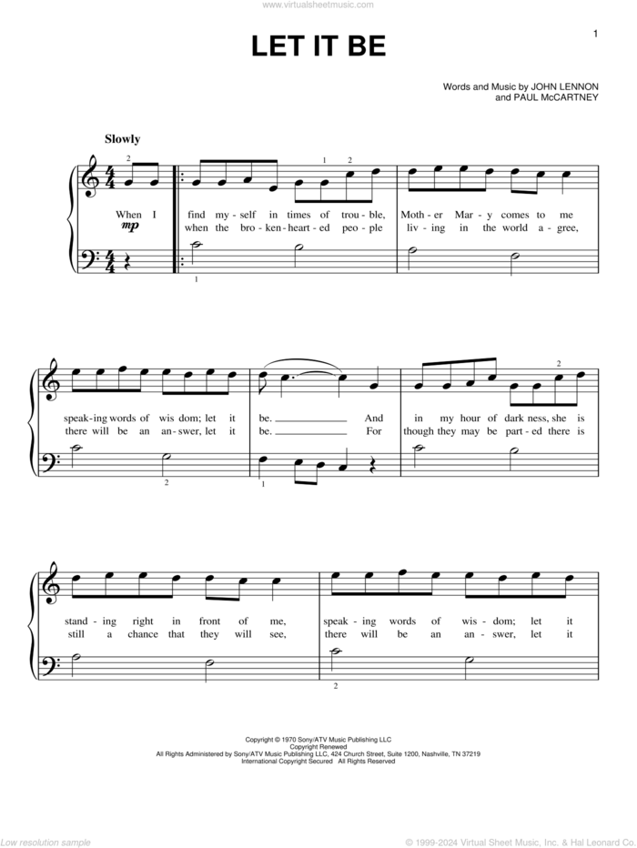 Let It Be sheet music for piano solo by The Beatles, John Lennon, Kris Allen and Paul McCartney, beginner skill level