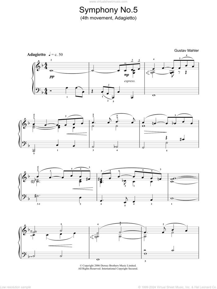 Adagietto (from Symphony No. 5, 4th Movement) sheet music for piano solo by Gustav Mahler, classical score, intermediate skill level