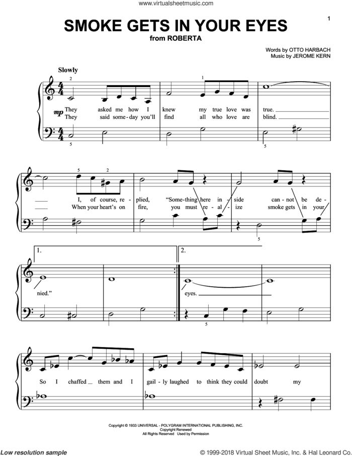 Smoke Gets In Your Eyes, (beginner) sheet music for piano solo by The Platters, Jerome Kern and Otto Harbach, beginner skill level