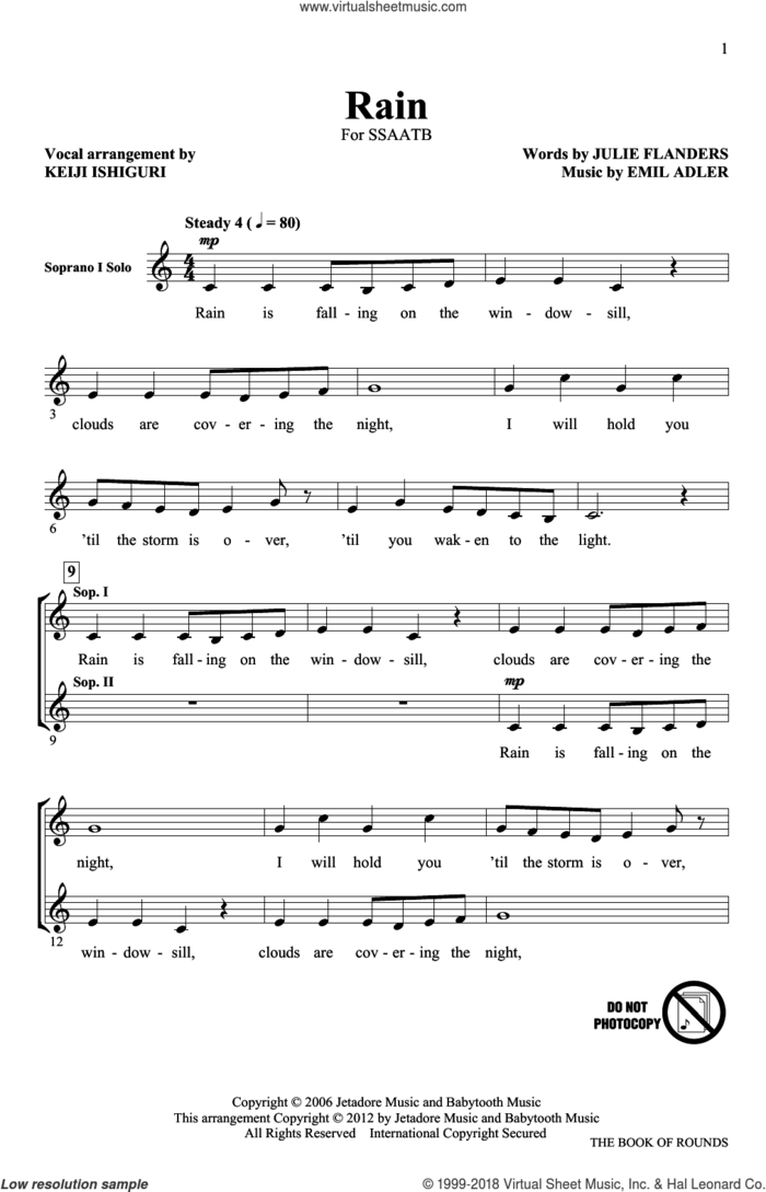 Rain sheet music for choir (SATB: soprano, alto, tenor, bass) by Keiji Ishiguri, Emil Adler, Julie Flanders and October Project, intermediate skill level