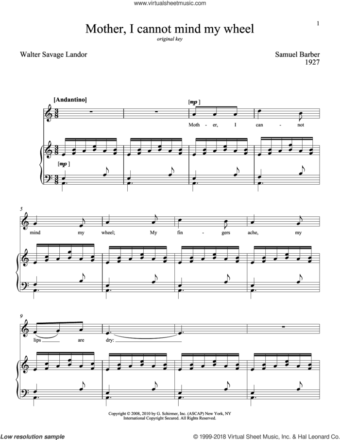 Mother, I Can Not Mind My Wheel sheet music for voice and piano (High Voice) by Richard Walters and Samuel Barber, classical score, intermediate skill level