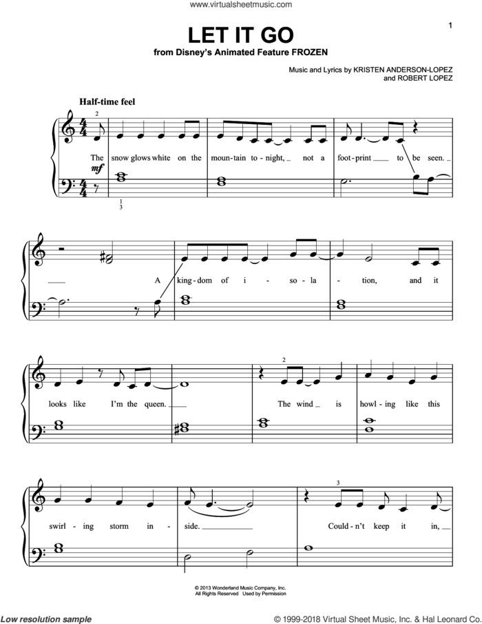 Let It Go (from Frozen) sheet music for piano solo by Idina Menzel, Kristen Anderson-Lopez and Robert Lopez, beginner skill level