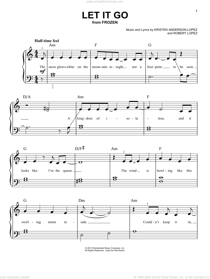 Let It Go (from Frozen) sheet music for piano solo by Idina Menzel, Kristen Anderson-Lopez and Robert Lopez, beginner skill level