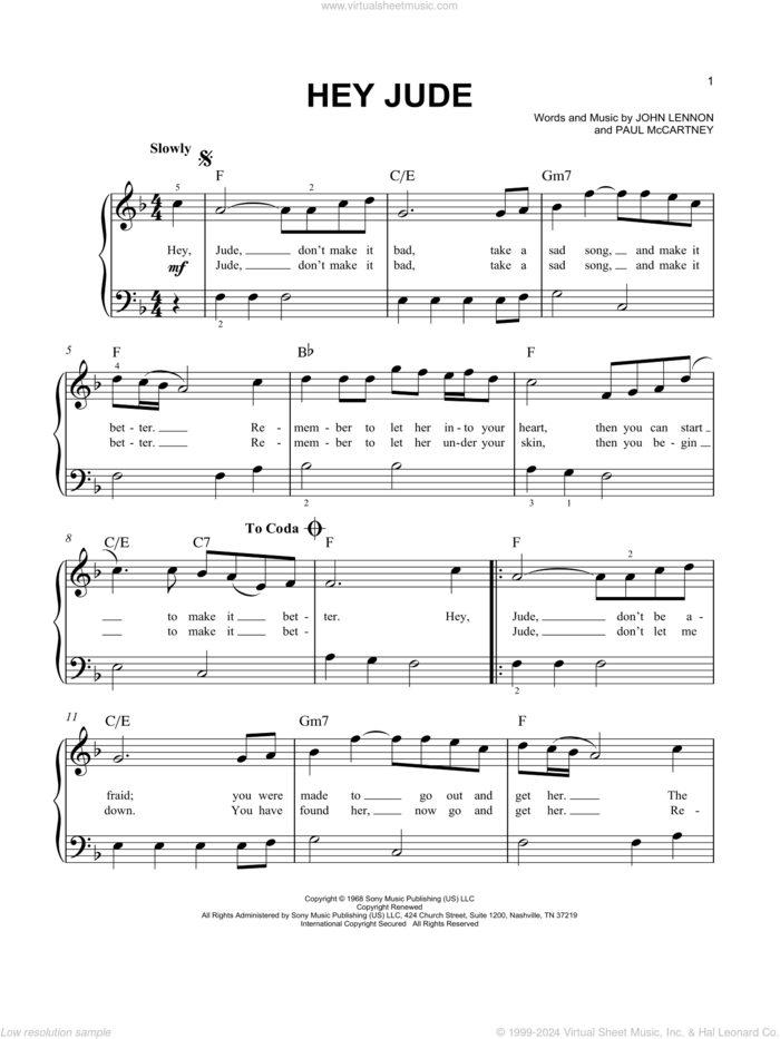 Hey Jude sheet music for piano solo by The Beatles, John Lennon and Paul McCartney, beginner skill level