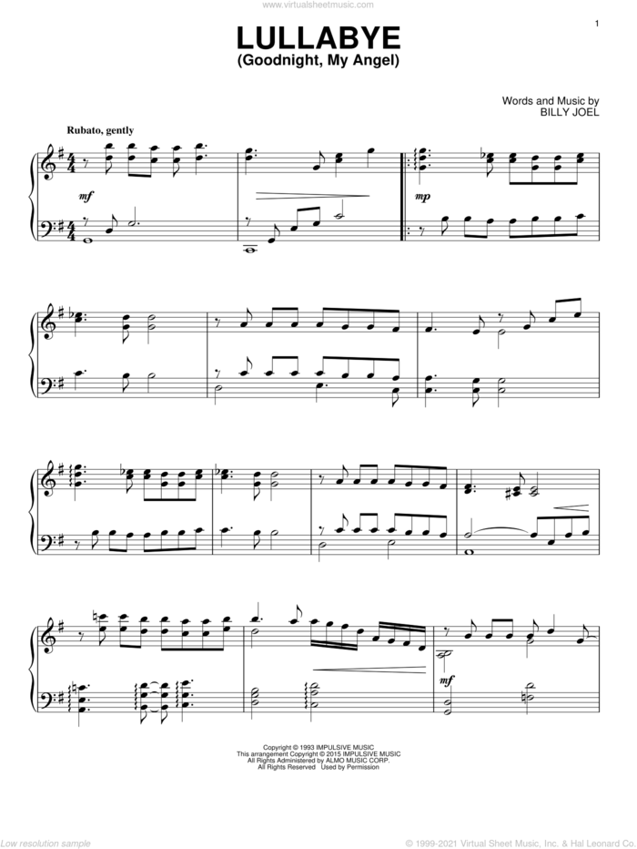 Lullabye (Goodnight, My Angel) sheet music for piano solo by Billy Joel, intermediate skill level