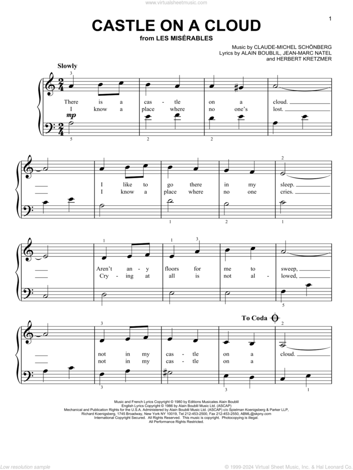 Castle On A Cloud, (beginner) sheet music for piano solo by Claude-Michel Schonberg, Alain Boublil, Herbert Kretzmer and Jean-Marc Natel, beginner skill level