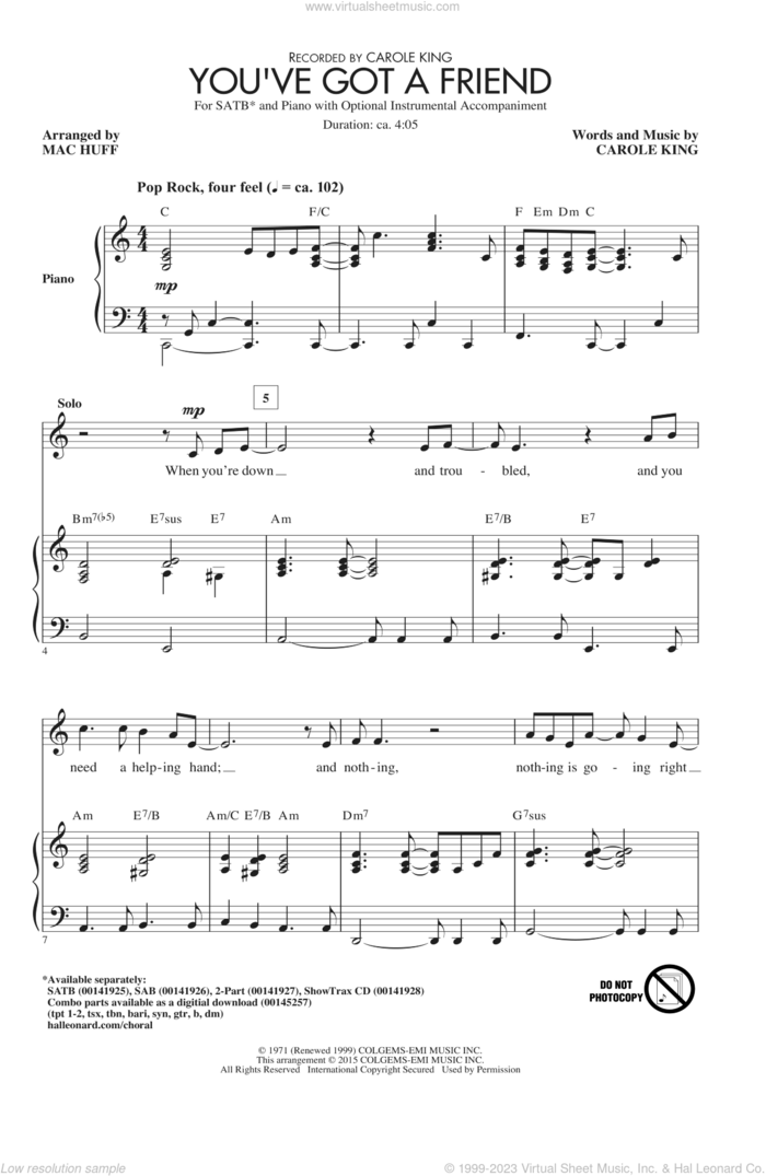 You've Got A Friend (arr. Mac Huff) sheet music for choir (SATB: soprano, alto, tenor, bass) by Mac Huff, Carole King and James Taylor, intermediate skill level