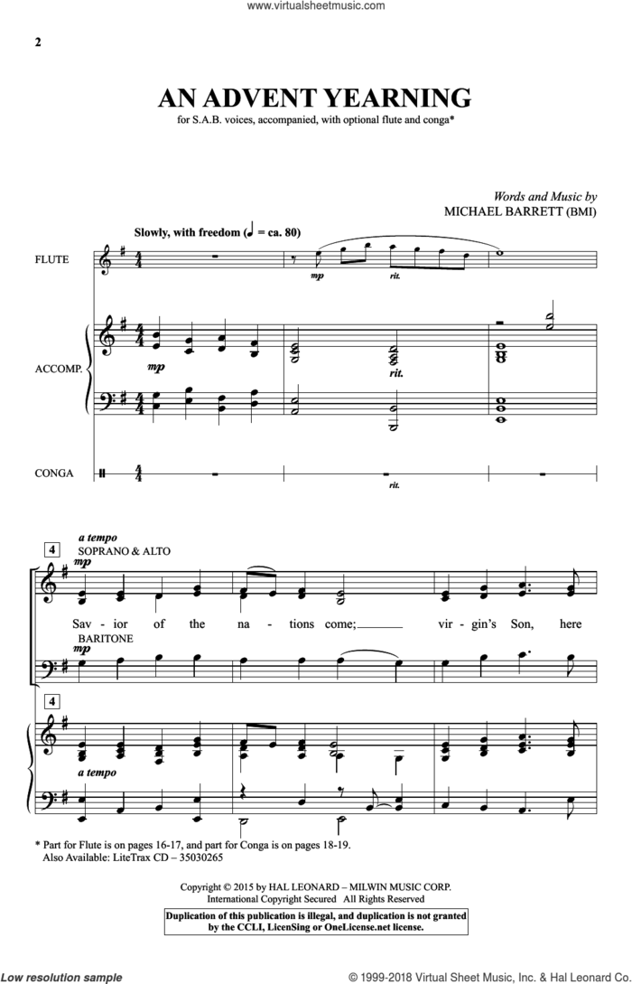 An Advent Yearning sheet music for choir (SAB: soprano, alto, bass) by Michael Barrett, intermediate skill level