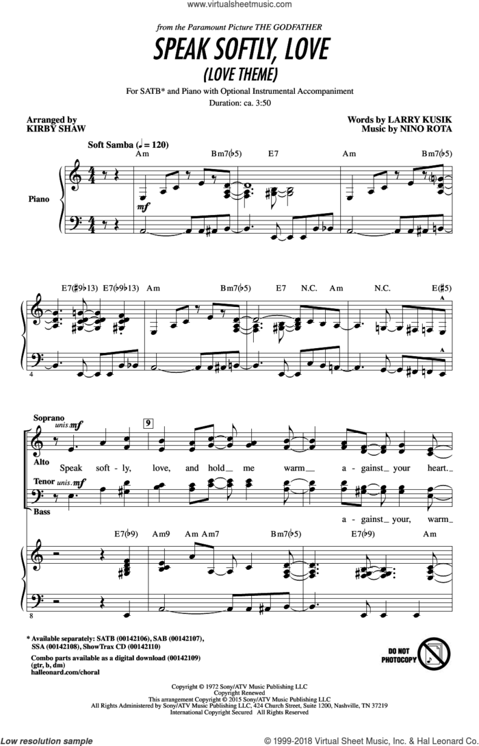 Speak Softly, Love (Love Theme) sheet music for choir (SATB: soprano, alto, tenor, bass) by Kirby Shaw, Andy Williams, Larry Kusik and Nino Rota, intermediate skill level