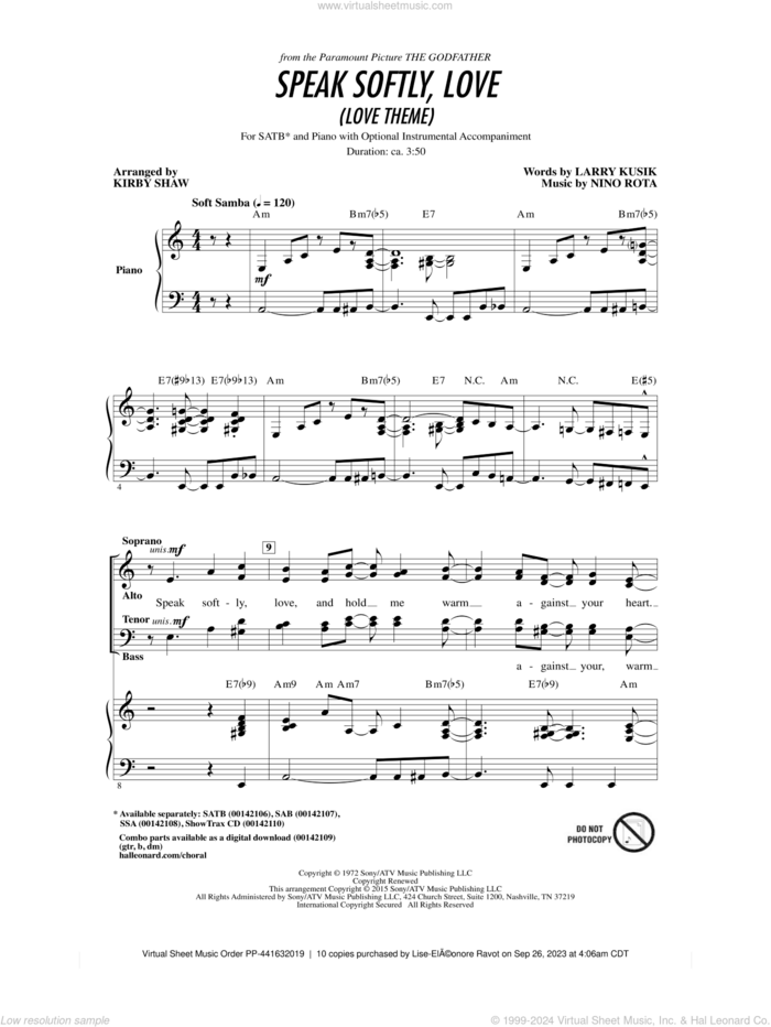 Speak Softly, Love (Love Theme) sheet music for choir (SATB: soprano, alto, tenor, bass) by Kirby Shaw, Andy Williams, Larry Kusik and Nino Rota, intermediate skill level