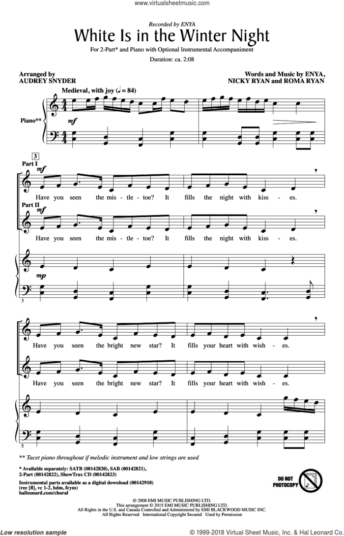 White Is In The Winter Night sheet music for choir (2-Part) by Audrey Snyder, Enya, Nicky Ryan and Roma Ryan, intermediate duet