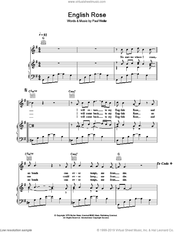English Rose sheet music for voice, piano or guitar by Journey South and Paul Weller, intermediate skill level