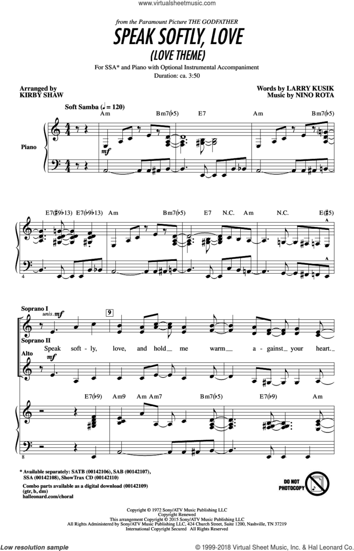 Speak Softly, Love (Love Theme) sheet music for choir (SSA: soprano, alto) by Kirby Shaw, Andy Williams, Larry Kusik and Nino Rota, intermediate skill level