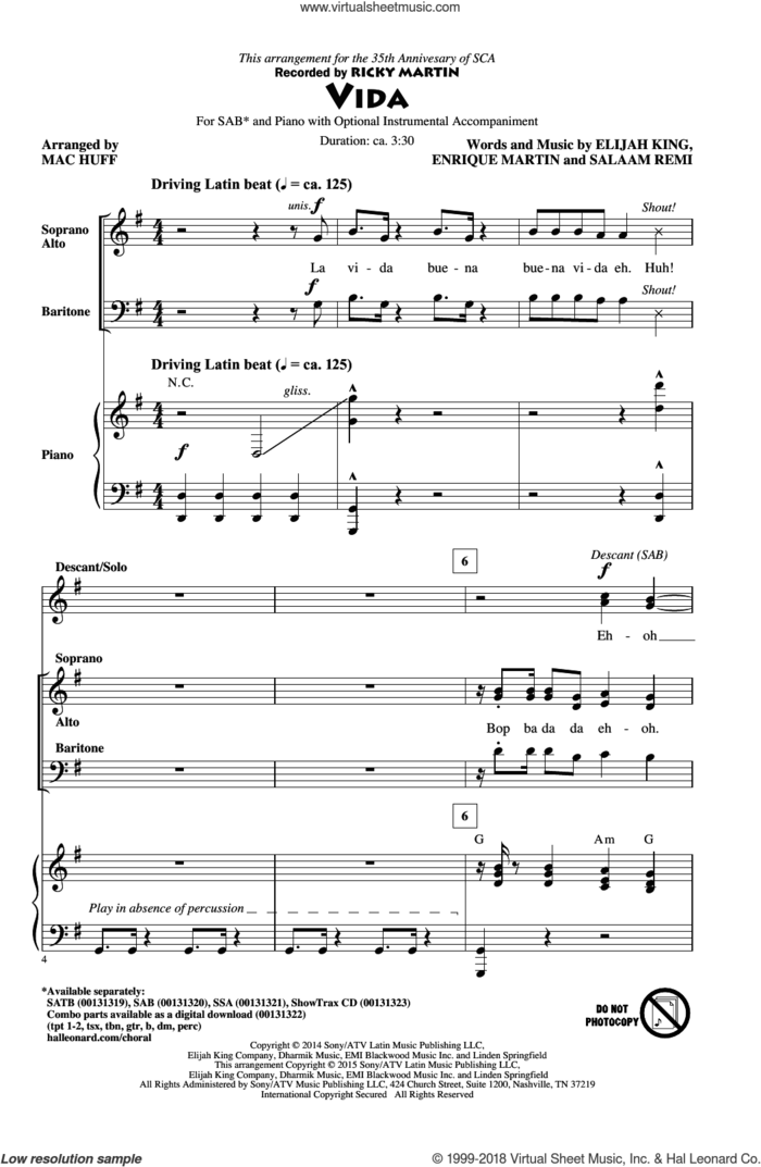 Vida sheet music for choir (SAB: soprano, alto, bass) by Mac Huff, Elijah King, Enrique Martin, Ricky Martin and Salaam Remi, intermediate skill level