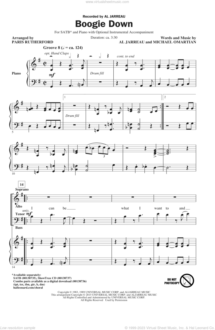 Boogie Down sheet music for choir (SATB: soprano, alto, tenor, bass) by Al Jarreau, Paris Rutherford and Michael Omartian, intermediate skill level
