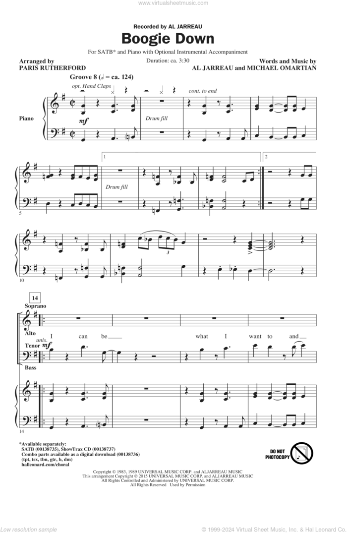 Boogie Down sheet music for choir (SATB: soprano, alto, tenor, bass) by Al Jarreau, Paris Rutherford and Michael Omartian, intermediate skill level