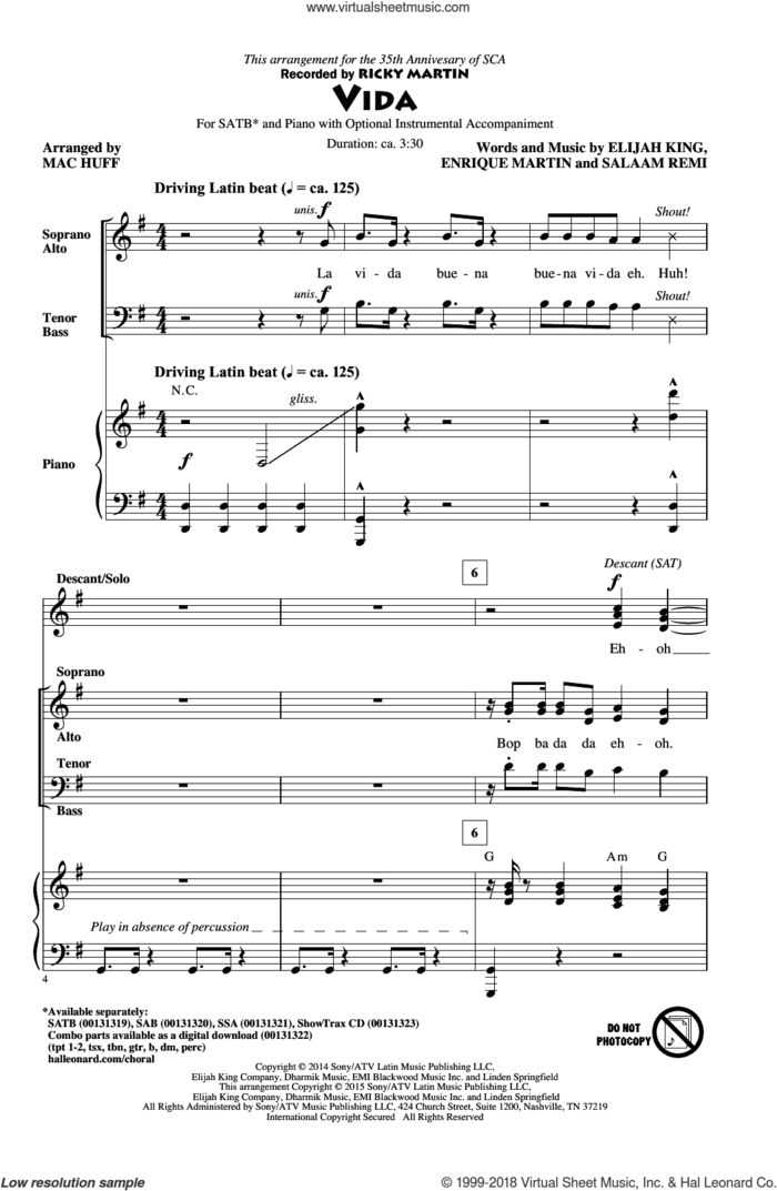 Vida sheet music for choir (SATB: soprano, alto, tenor, bass) by Mac Huff, Elijah King, Enrique Martin, Ricky Martin and Salaam Remi, intermediate skill level