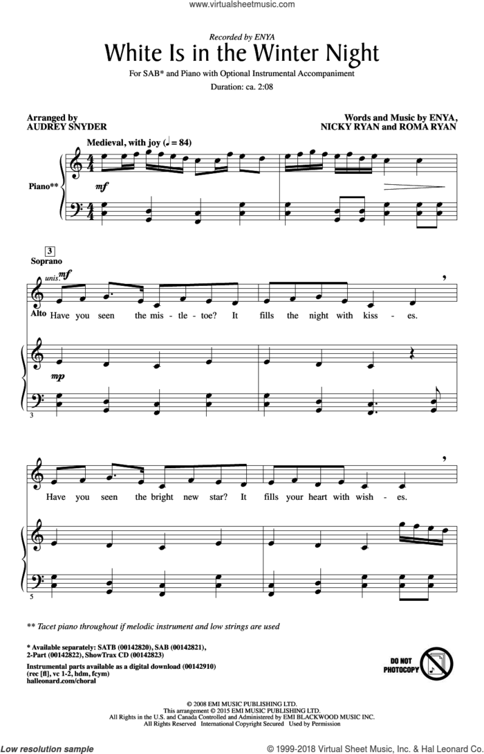 White Is In The Winter Night sheet music for choir (SAB: soprano, alto, bass) by Audrey Snyder, Enya, Nicky Ryan and Roma Ryan, intermediate skill level